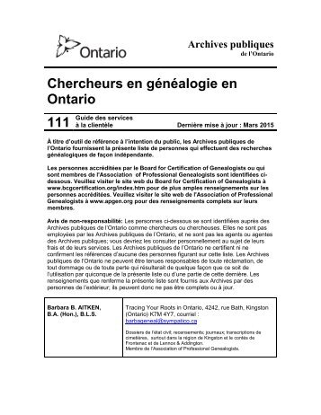 Chercheurs en généalogie en Ontario 111 - Archives publiques de l ...