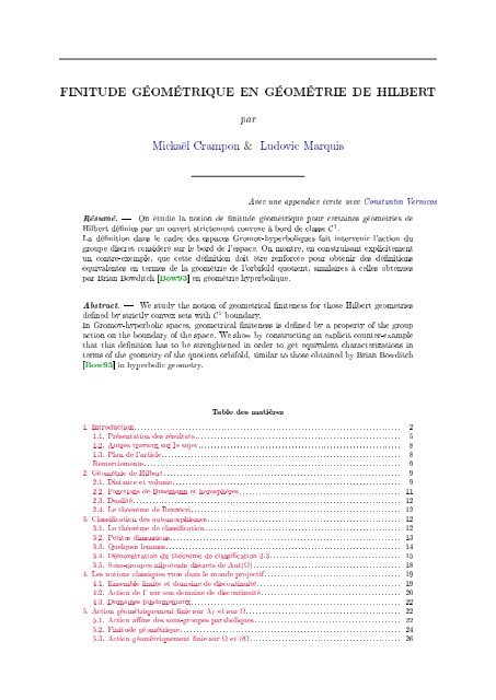 FINITUDE GÉOMÉTRIQUE EN GÉOMÉTRIE DE HILBERT