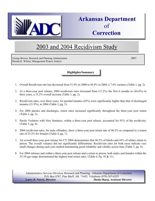 Arkansas Department of Correction 2003 and 2004 Recidivism Study