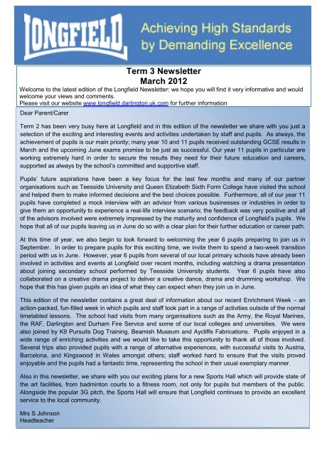 Term 3 Newsletter March 2012 - Longfield Academy, Darlington ...