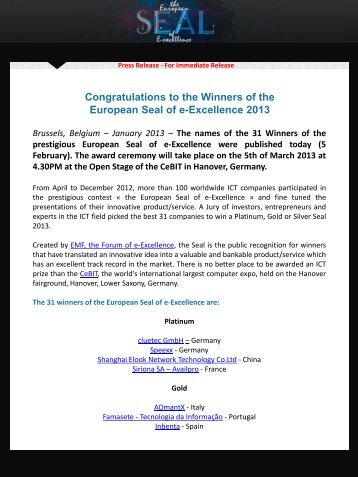 Congratulations to the Winners of the European Seal of e-Excellence 2013