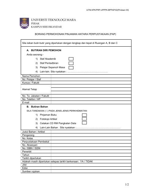 Borang Pinjaman Antara Perpustakaan - UiTM