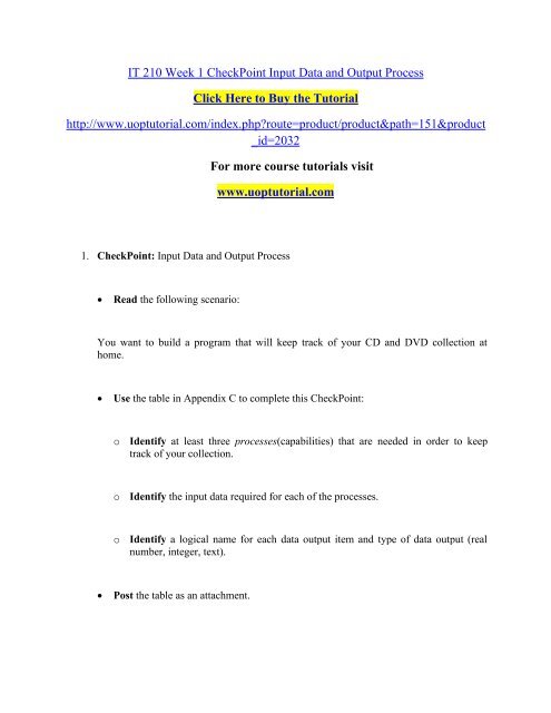IT 210 Week 1 CheckPoint Input Data and Output Process
