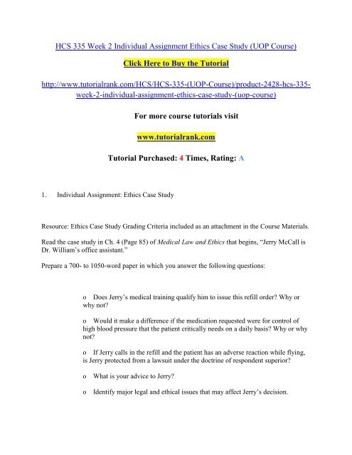 HCS 335 Week 2 Individual Assignment Ethics Case Study/Tutorialrank