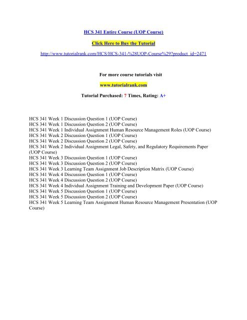 HCS 341 Entire Course/Tutorialrank