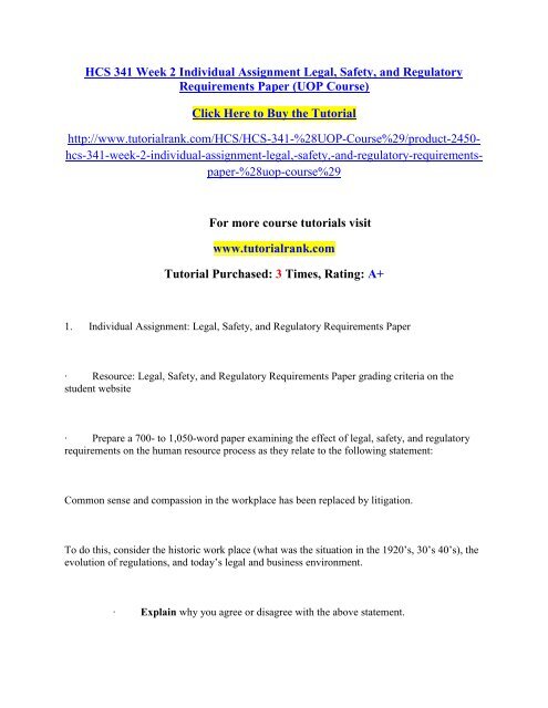 HCS 341 Week 2 Individual Assignment Legal/Tutorialrank