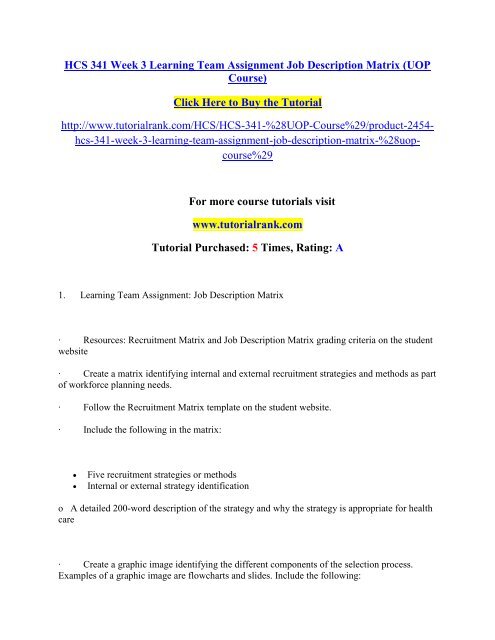 HCS 341 Week 3 Learning Team Assignment Job Description Matrix/Tutorialrank