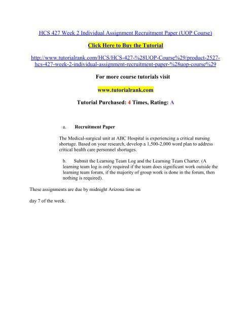 HCS 427 Week 2 Individual Assignment Recruitment Paper/Tutorialrank