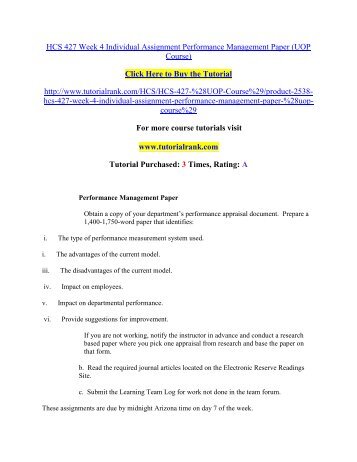 HCS 427 Week 4 Individual Assignment Performance Management Paper/Tutorialrank
