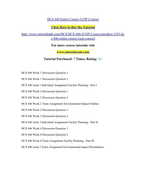 HCS 446 Entire Course/Tutorialrank