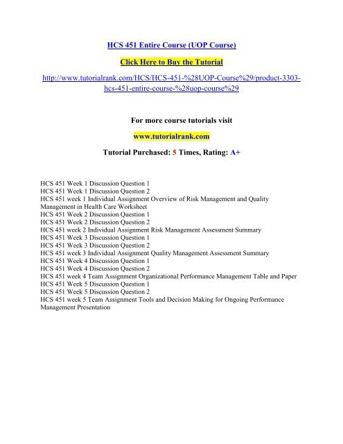 HCS 451 Entire Course/Tutorialrank