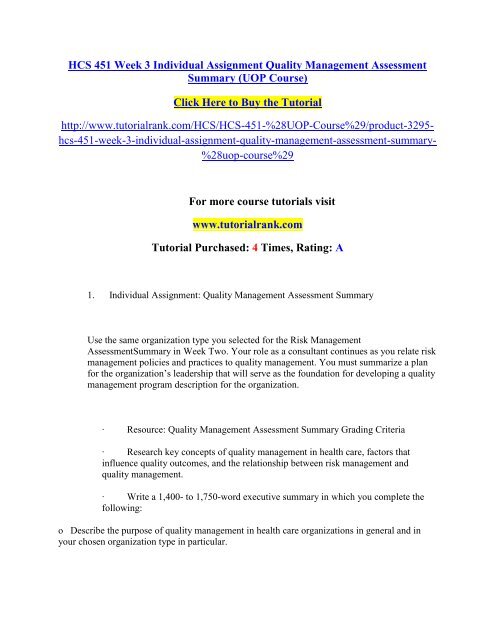 HCS 451 Week 3 Individual Assignment Quality Management Assessment Summary/Tutorialrank