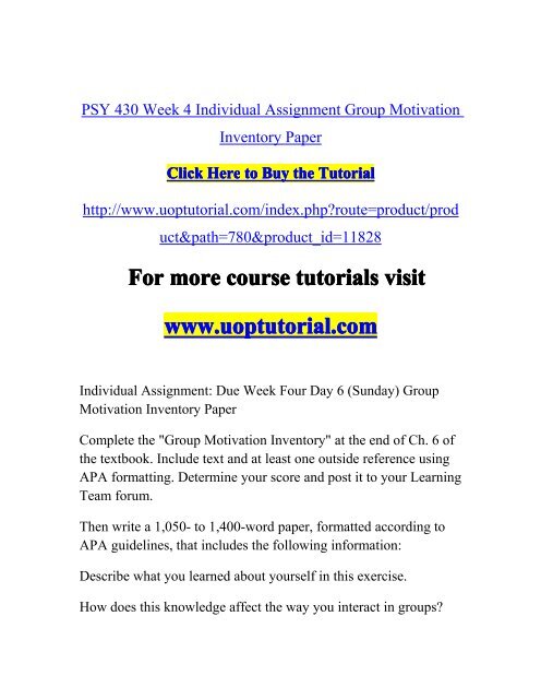 PSY 430 Week 4 Individual Assignment Group Motivation Inventory Paper