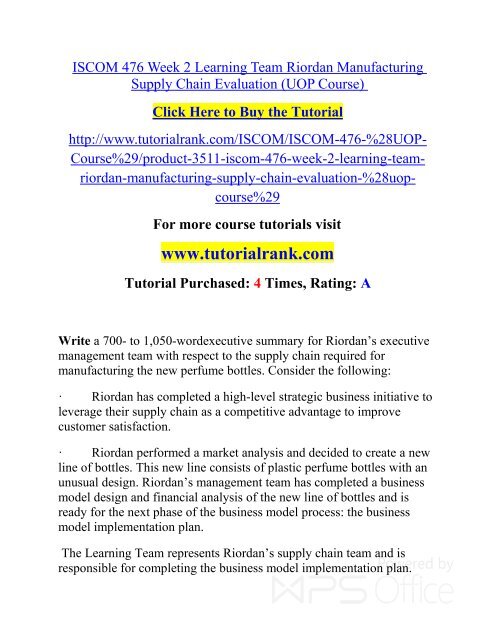 ISCOM 476 Week 2 Learning Team Riordan Manufacturing Supply Chain Evaluation/ Tutorialrank