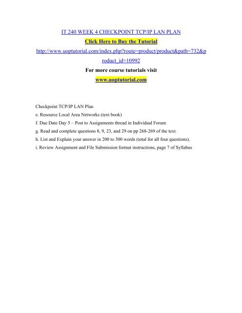 IT 240 WEEK 4 CHECKPOINT TCP IP LAN PLAN