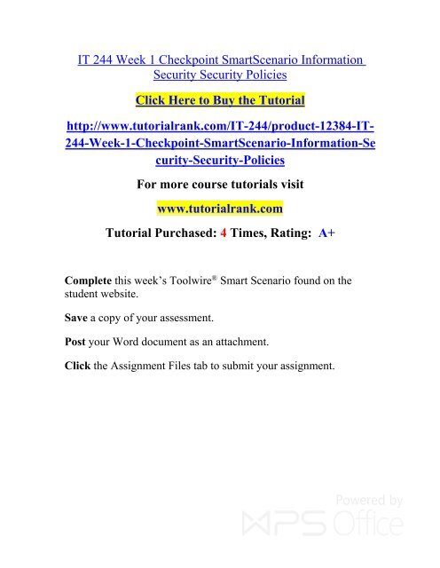 IT 244 Week 1 Checkpoint SmartScenario Information Security Security Policies./ Tutorialrank