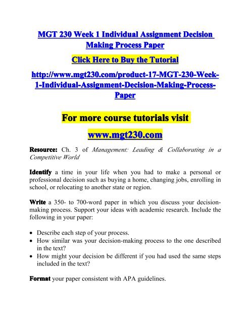 MGT 230 Week 1 Individual Assignment Decision Making Process Paper