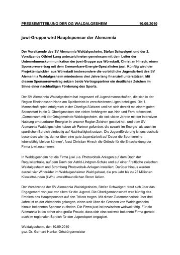 PRESSEMITTEILUNG Juwi neuer Sponsor der OG Waldalgesheim