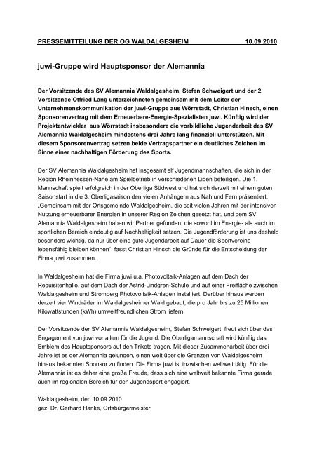 PRESSEMITTEILUNG Juwi neuer Sponsor der OG Waldalgesheim