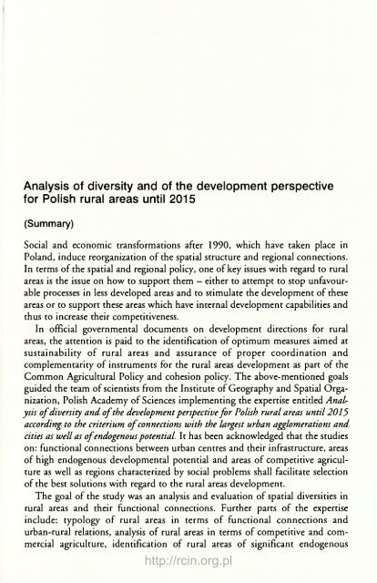 i perspektyw rozwoju obszarów wiejskich w Polsce do 2015 roku