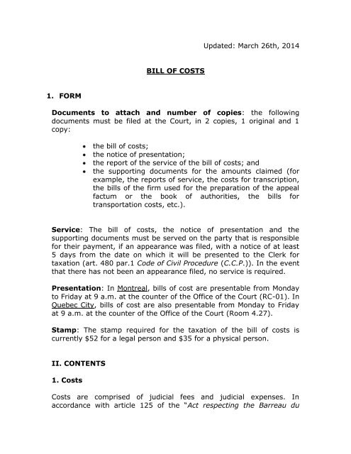 BILL OF COSTS 1. FORM - Tribunaux judiciaires du QuÃ©bec