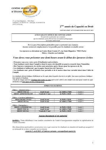 Convocation aux Ã©preuves Ã©crites des examens de mai/juin ... - Cavej