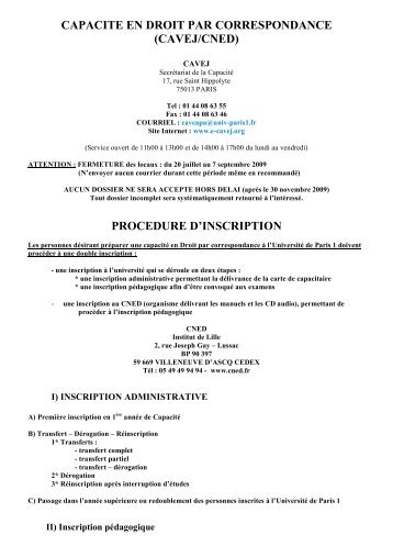 CAPACITE EN DROIT PAR CORRESPONDANCE (CAVEJ/CNED) PROCEDURE D’INSCRIPTION