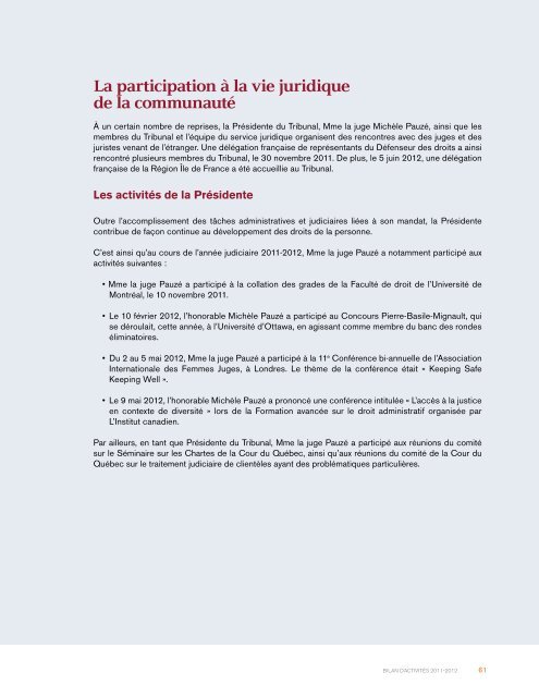 Bilan d'activitÃ©s 2011-2012 - Tribunaux judiciaires du QuÃ©bec