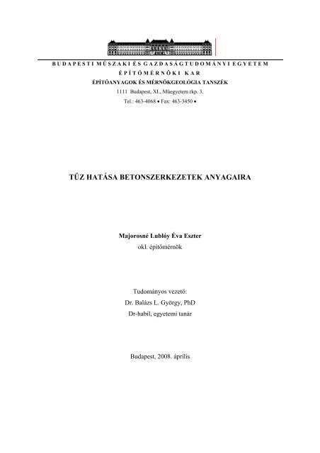 TŰZ HATÁSA BETONSZERKEZETEK ANYAGAIRA - Építőmérnöki Kar