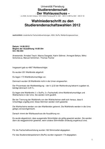 Wahlniederschrift zu den Studierendenschaftswahlen 2012