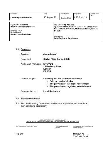 Application for a Premises Licence for Corbet Place Bar and CafÃ© ...