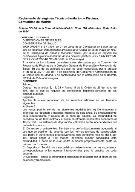 Reglamento del régimen Técnico-Sanitario de Piscinas Comunidad de Madrid