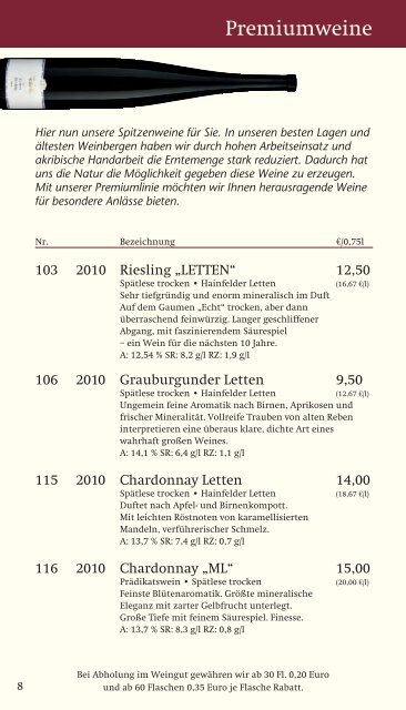 WEINGUT BERNHARD KOCH WEINE UND PREISE 1/2012