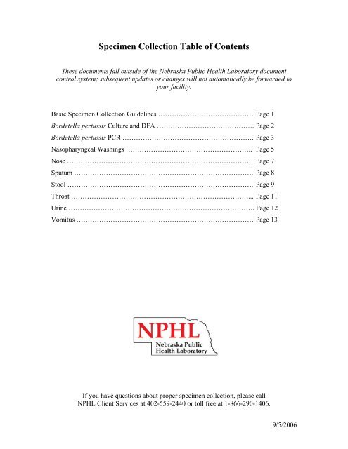 Specimen Collection Table of Contents - the Nebraska Public Health ...