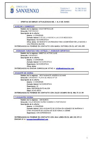ofertas de empleo privado 1 al 8 de junio - Concello de Sanxenxo