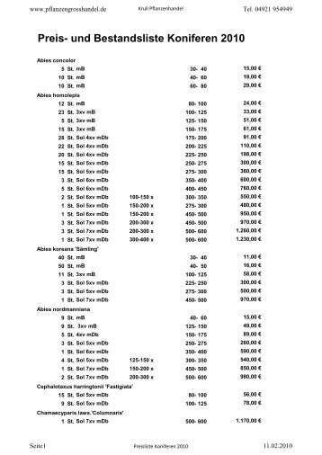 Preis- und Bestandsliste Koniferen 2010