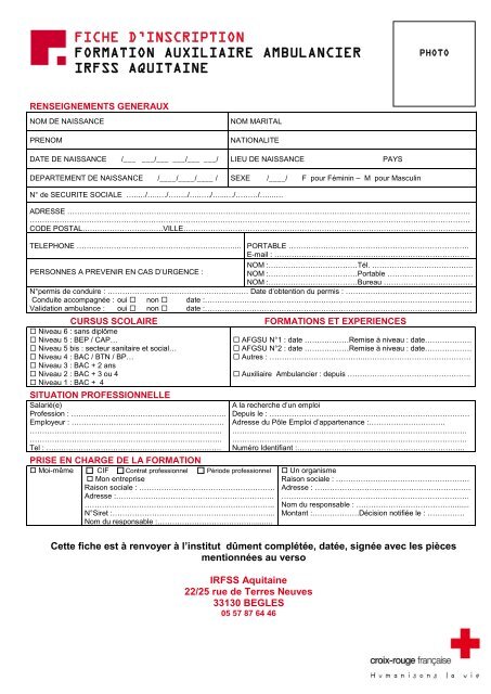 FICHE D'INSCRIPTION FORMATION AUXILIAIRE AMBULANCIER IRFSS AQUITAINE