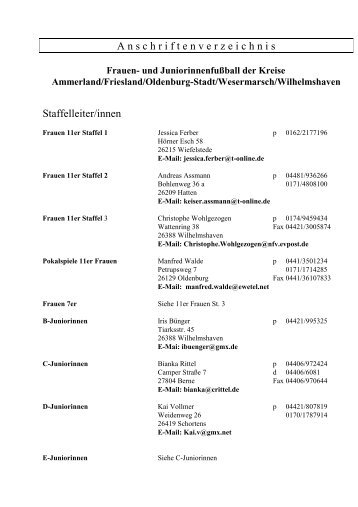 Anschriftenverz - Schiedsrichter Vereinigung Oldenburg/Stadt