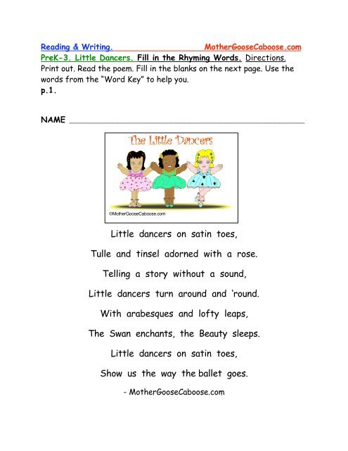 PreK-3. Little Dancers. Fill in the Rhyming Words - Mother Goose ...