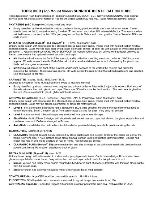 TOPSLIDER (Top Mount Slider) SUNROOF IDENTIFICATION GUIDE