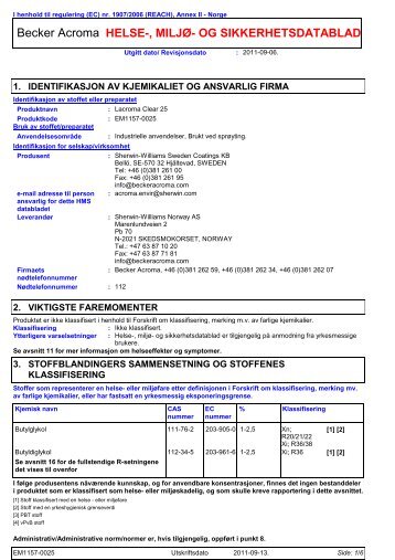 Becker Acroma HELSE- MILJØ- OG SIKKERHETSDATABLAD