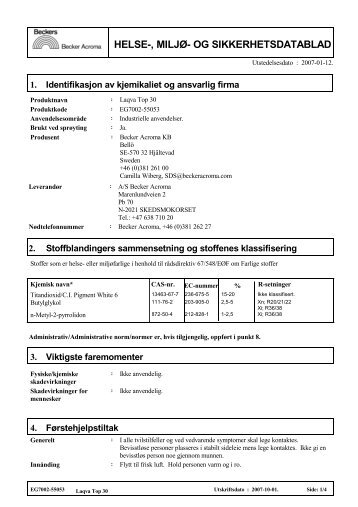 HELSE- MILJØ- OG SIKKERHETSDATABLAD