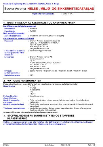 Becker Acroma HELSE- MILJØ- OG SIKKERHETSDATABLAD