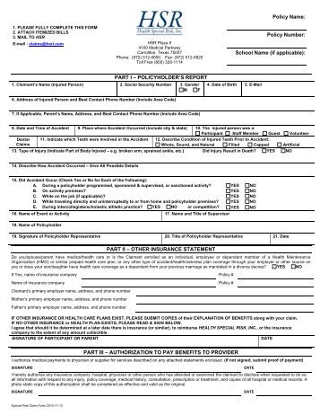 HSR Accident and/or Medical Claim Form - Health Special Risk, Inc.