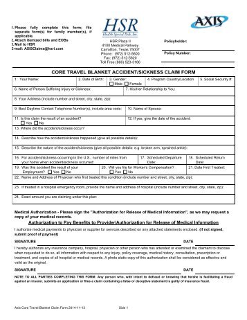 CORE TRAVEL BLANKET ACCIDENT/SICKNESS CLAIM FORM