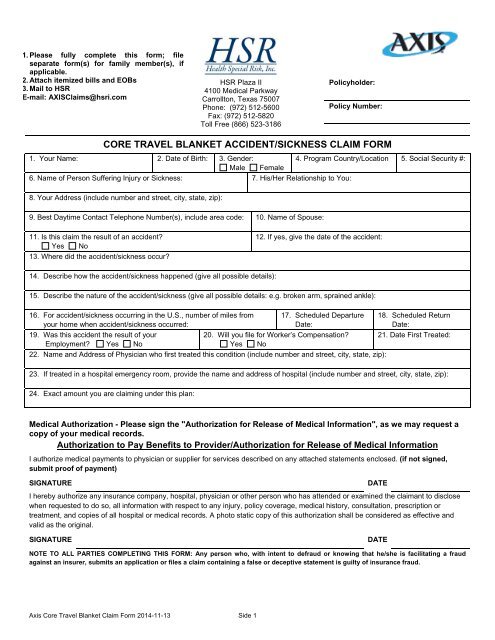 CORE TRAVEL BLANKET ACCIDENT/SICKNESS CLAIM FORM