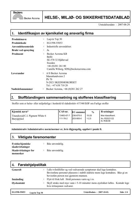 HELSE- MILJØ- OG SIKKERHETSDATABLAD