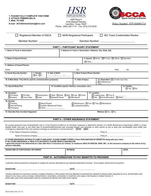 SCCA Claim Form - Health Special Risk, Inc.