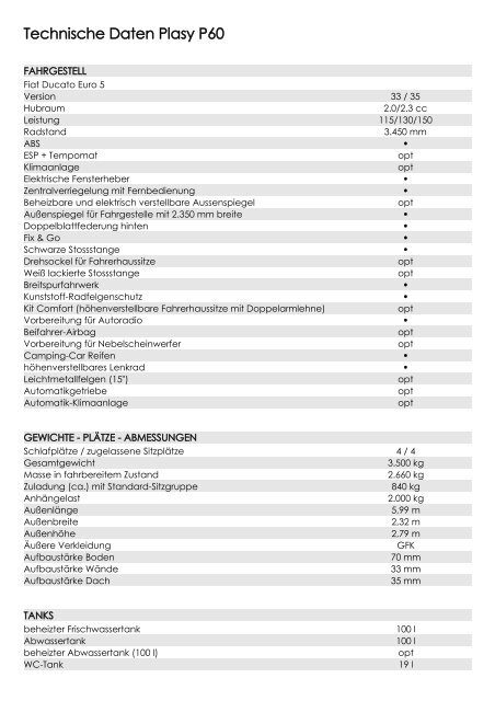 Technische Daten Plasy P60 - WOF Wohnmobile