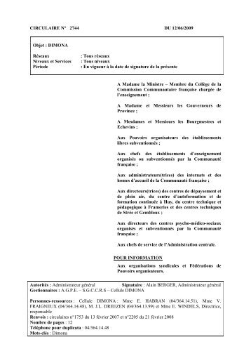 1re page habituelle des circulaires Dimona - Enseignement en ...